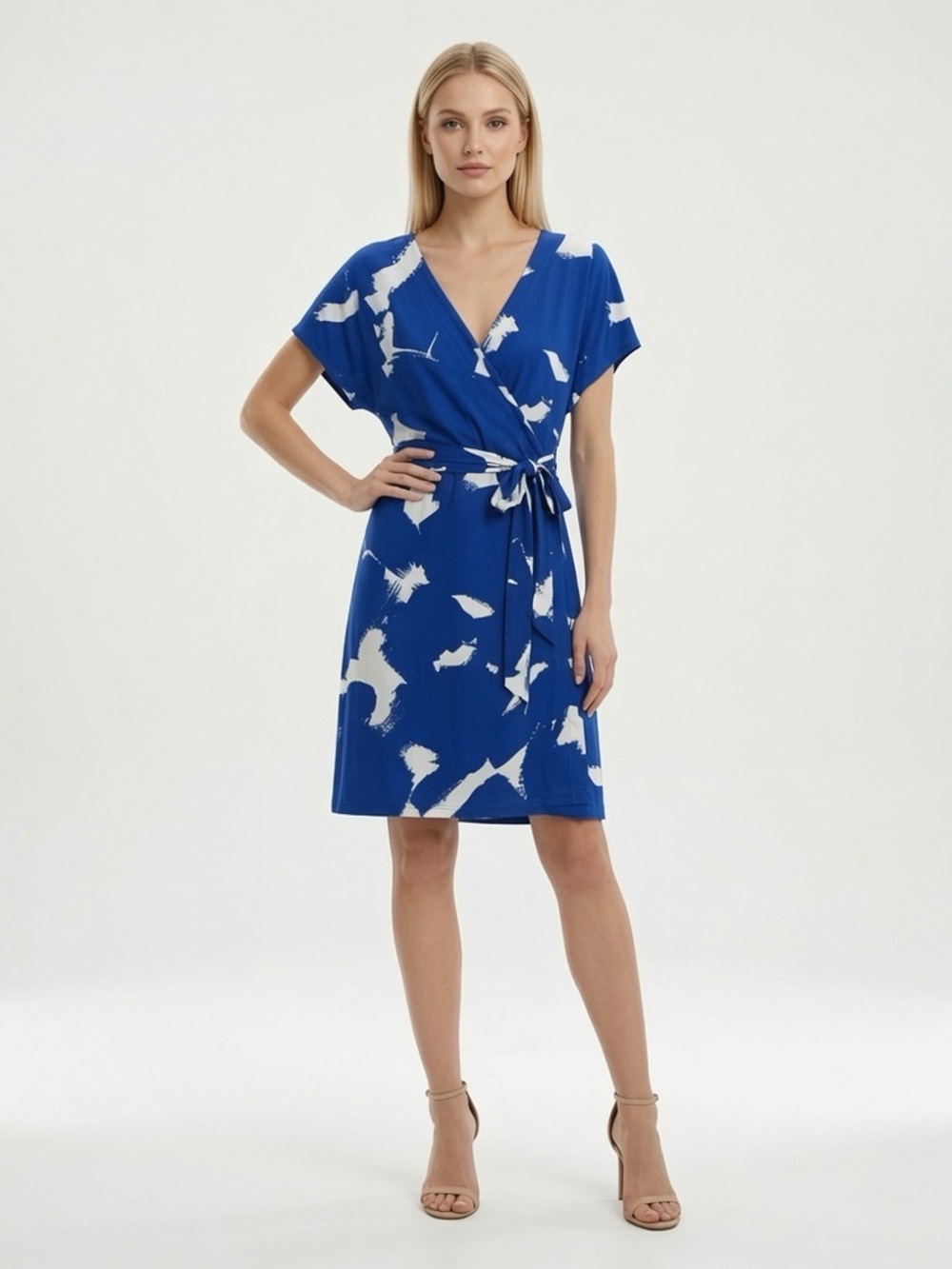 Nine West Blue White Abstract Brushstroke Print Short Sleeve Faux Wrap Dress XL